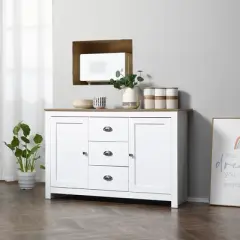 HOMCOM Kitchen Sideboard with Adjustable Shelves, Dining Buffet Cabinet with 3 Storage Drawers, White