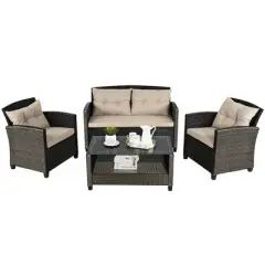 Costway 4PCS Outdoor Rattan Furniture Set Cushioned Sofa Armrest Chair Lower Shelf Brown