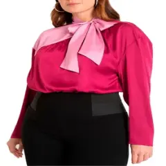 ELOQUII Women&rsquo;s Plus Size Colorblocked Tie Neck Blouse