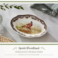 Spode Woodland Pheasant Pickle Dish - 8.5" Porcelain Tray with British Flowers Border & Scalloped Edge, Microwave, Dishwasher, Oven & Freezer Safe