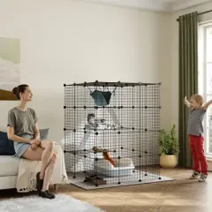 PawHut Cat Cage Indoor, DIY 4 Tier Cat Enclosure with Ramps, Jumping Platforms, Doors, for 1-3 Cats, 3 x 3 x 4, Black