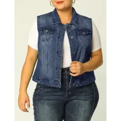 Agnes Orinda Women's Plus Size Buttons with Two Chest Flap Pockets Denim Vests