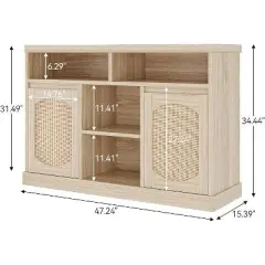 47" Farmhouse Buffet Cabinet with Rattan Doors & Adjustable Shelf, Boho Kitchen Storage Cabinet for Dining Room Living Room, Coffee Bar Console