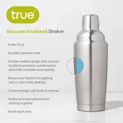 True Vacuum Insulated Cocktail Shaker Leak Proof Insulated Shaker Stainless Steel, Cocktail Shaker, Drink Shaker and Strainer, 25oz, Silver, Set of 1
