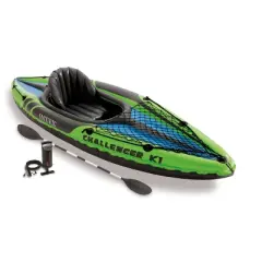 Intex Challenger K1 1 Person Inflatable Sporty Kayak with a 86 Inch Long Aluminum Oar and Hand Pump for Lakes and Mild Rivers