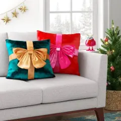 16"x6" Christmas Green Velvet Square Pillow with Teal Bow - Wondershop&trade;