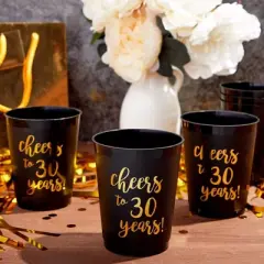 Sparkle and Bash 16 Pack Black Plastic Tumbler Cups for 30th Party, Cheers to 30 Years (16 oz)