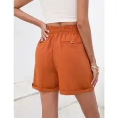 Garvee Womens High Waist Shorts with Deep Pocket Drawstring Linen Texture Casual Shorts for Women Summer Athletic Shorts - Orange 2XL