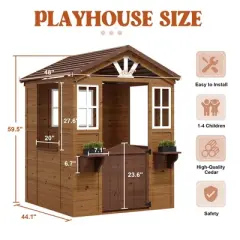 Wooden Play House for Kids, Wooden Play House Outdoor Cottage, Cedar Woodens Kids Playhouse Cottage, Toddler Outdoor Playhouse Vinyl Roof With Kitchen