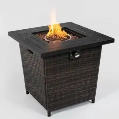 28" Propane Gas Fire Pit Table, 50000 BTU Square Steel Fire Pit with Beautiful Wicker Base for Outside Patio Deck Garden Backyard-Black