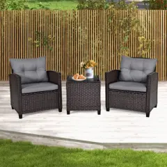 Tangkula Set of 3 Rattan Furniture Set Patio Cushioned Conversation Set Sofa