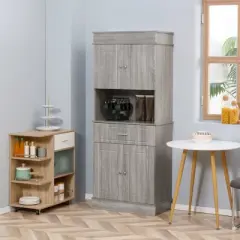 HOMCOM 72" Kitchen Buffet with Hutch, Freestanding Pantry Cupboard with Utility Drawer, 2 Door Cabinets and Countertop, Grey Wood Grain