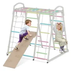 Sandinrayli Indoor Jungle Gym, 9-in-1 Children Playground, Climber Playset for Kids Ages 3-8 with Slide, Monkey Bars, Swing, Hand Rings