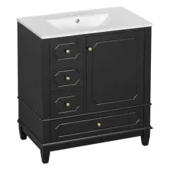 JUJABU 30" Freestanding Bathroom Vanity with Ceramic Basin, Soft-Close Door, 3 Drawers & Storage Shelves
