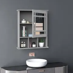 kleankin Bathroom Medicine Cabinet Wall Mount with Mirror Door 3 Shelf Organizer for Bathroom, Kitchen, Gray