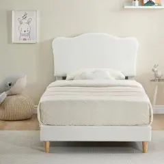 Bed Frame for Kids, Upholstered Platform Bed with Cute Boucle Velvet Headboard for Girls, No Box Spring Needed, Easy Assembly, Durable Design
