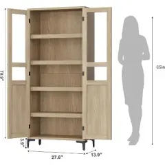 63 Inch 5 Tier Bathroom Tall Storage Cabinet with Glass Doors and Adjustable Shelves, Kitchen Pantry Cabinet for Dining Room, Bathroom Natural