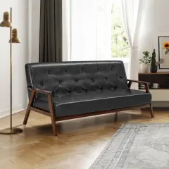 Costway 3-Seater Sofa PU Leather Sofa Couch w/ Rubber Wood Legs & Button Tufted Back