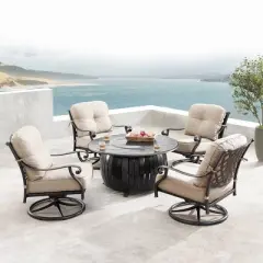 Oakland Living 5pc Deep Seating Swivel Aluminum Outdoor Patio Fire Pit Dining Set with Round Fire Table with Stripe Patterned Lid Copper