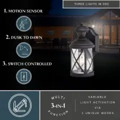VAXCEL Henderson 1 Light Textured Black Motion Sensor Dusk to Dawn Outdoor Wall Lantern Clear Glass Shade, LED Compatible