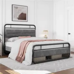 Yaheetech Metal Platform Bed Frame with Velvet Upholstered Headboard