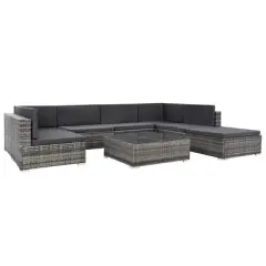 vidaXL Gray 8 Piece Patio Set - Poly Rattan Lounge with Cushions, Corner & Center Sofas, Coffee Table, and Ottoman - Indoor/Outdoor Garden Furniture