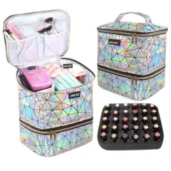 Saviland Salon-Grade Polish Organizer: PU Leather Case w/ Light-Reflective Finish - Holds 30 Bottles & Nail Lamp.(Holographic)