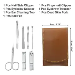 Unique Bargains Stainless Steel Pedicure Nail Clippers Scissors Tool Set for Men Women Silver with Brown PU Leather 7Pcs