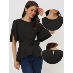 Allegra K Women's Split Half Sleeve Crew Neck Belted Casual Peplum Blouses