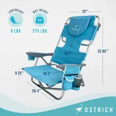 Deltess Ostrich Deluxe On Your Back Aluminum Chair and Cooler Bag, Carry Straps, Umbrella Carry System, Cup Holder, and 275 Pound Capacity, Light Blue