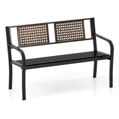 Costway 50" Outdoor Metal Park Bench with Rattan-Like Backrest & Curved Armrests
