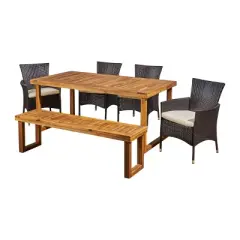Christopher Knight Home Moralis Outdoor Acacia Wood and Wicker 6 Piece Dining Set with Bench