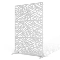 TOAOTBNBO Metal Privacy Screen with Stand, Decorative Privacy Fence Panels with Leaf Pattern, Outdoor Privacy Screen for Garden, White