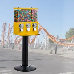 VEVOR Commercial Vending Machine, Triple Compartment Candy Dispenser with Iron Stand, Gumball and Candy Machine for Business, Yellow