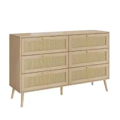 MOEPISY Rattan 6 Drawers Chest Of Dressers, Wide Chest Of Drawers With Wood Handles