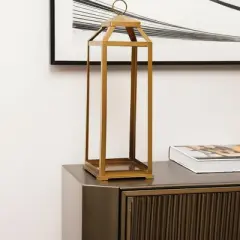 HomeRoots 29" Gold Geometric Metal Floor Lantern Candle Holder