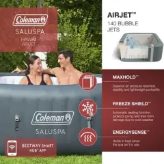 Bestway Coleman Hawaii AirJet 4 to 6 Person Inflatable Hot Tub Square Portable Outdoor Spa with 140 AirJets and EnergySense Energy Saving Cover, Grey