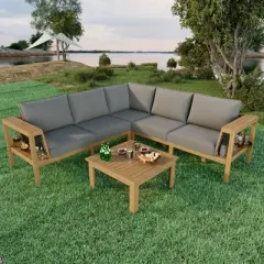 Merax 4-Piece Acacia Wood Outdoor Sofa Set with a Coffee Table and Adjustable Foot Pads