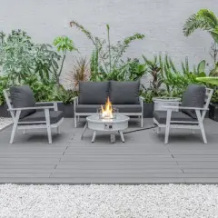 LeisureMod Walbrooke 4-Piece Modern White Patio Conversation Set &ndash; Square Fire Pit with Tank Holder & Sectional Seating for Outdoor Spaces
