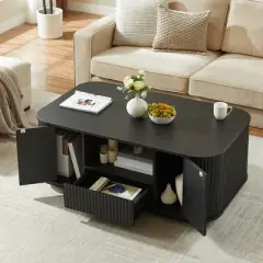 46.5" Fluted Coffee Table with Storage for Living Room,Modern Oval Center Table with 2 Drawers and 2 Compartments