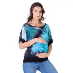 24seven Comfort Apparel Teal Tie Dye Boatneck Loose Fit Maternity Top