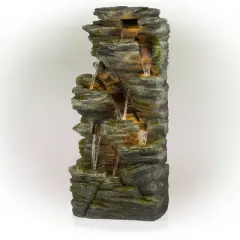 51" Resin Rock Cascading Fountain with LED Lights Gray - Alpine Corporation: Waterfall Feature, Birdbath