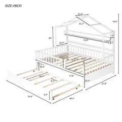 Full Size House Bed with Storage Shelves Full Size Platform Bed Frame with Twin Trundle for Kids Teens Girls Boys White