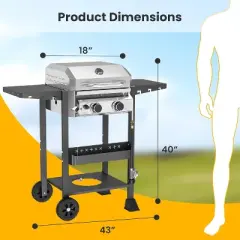 ZAFRO 2-Burner Propane Gas BBQ Grill, 16000 BTU Stainless Steel Barbecue with Cast Iron Grates Side Storage Shelves, Top Lid