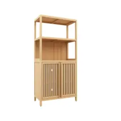 LIVAREEmlen Bamboo Baker's Racks, Freestanding Cabinet with 2 Doors, Floor Cabinet Organizer for Living Room, Kitchen, Entryway