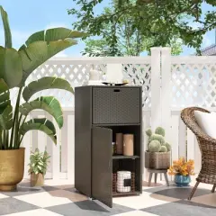 Outsunny Towel Rack & Pool Storage Cabinet / Hot Tub Accessory Storage, Waterproof PE Rattan Cabinet & Drawer for Indoor, Outdoor Swimming Pool, Brown