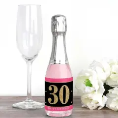 Big Dot of Happiness Chic 30th Birthday - Pink, Black and Gold - Mini Wine and Champagne Bottle Label Stickers - Birthday Party Favor Gift - Set of 16