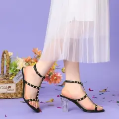 Perphy Studded Heel Ankle T-Strap Chunky Clear Heels Sandals for Women