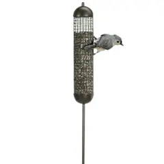 Woodlink 36 Inch Tall Portable Artistic Cattail Stake Bird Feeder with Metal Mesh Seed Cage for Backyards, Patios, Lawns, and Porches