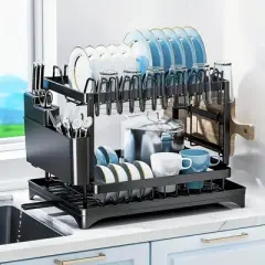 Fortune Candy 11.41'' Tall 2 Tier Dish Drying Rack, Large apacity, Black